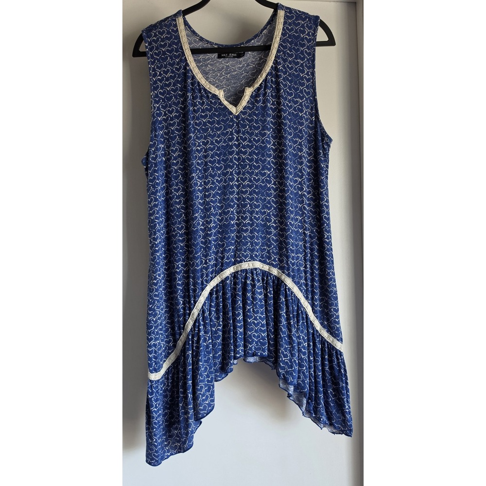 Max Jeans Tank Top XL Blue White Heart Sleeveless Scoop Neck Cami